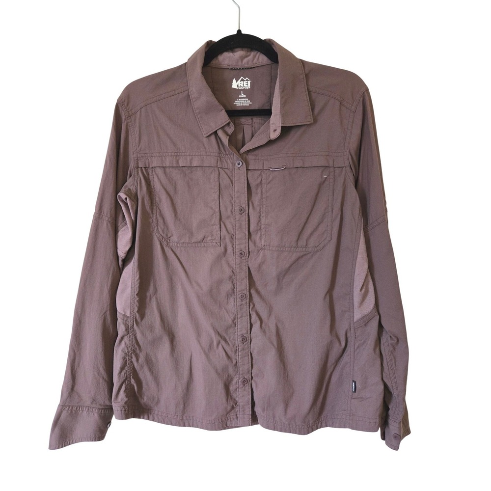 REI Co-op Womens L Sahara Hiking Shirt Brown Roll Tab Vented Performance
